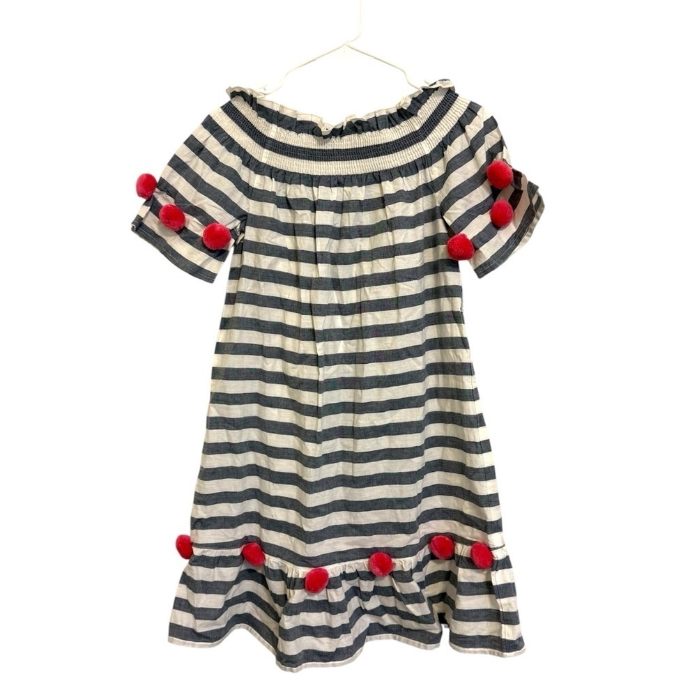 2/$30 America & Beyond White Blue Striped Off Shoulder Dress w/ Pink Pom M